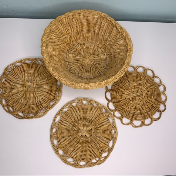 Vintage Tan Basket & 3 Woven Tan Trivets or Disks
